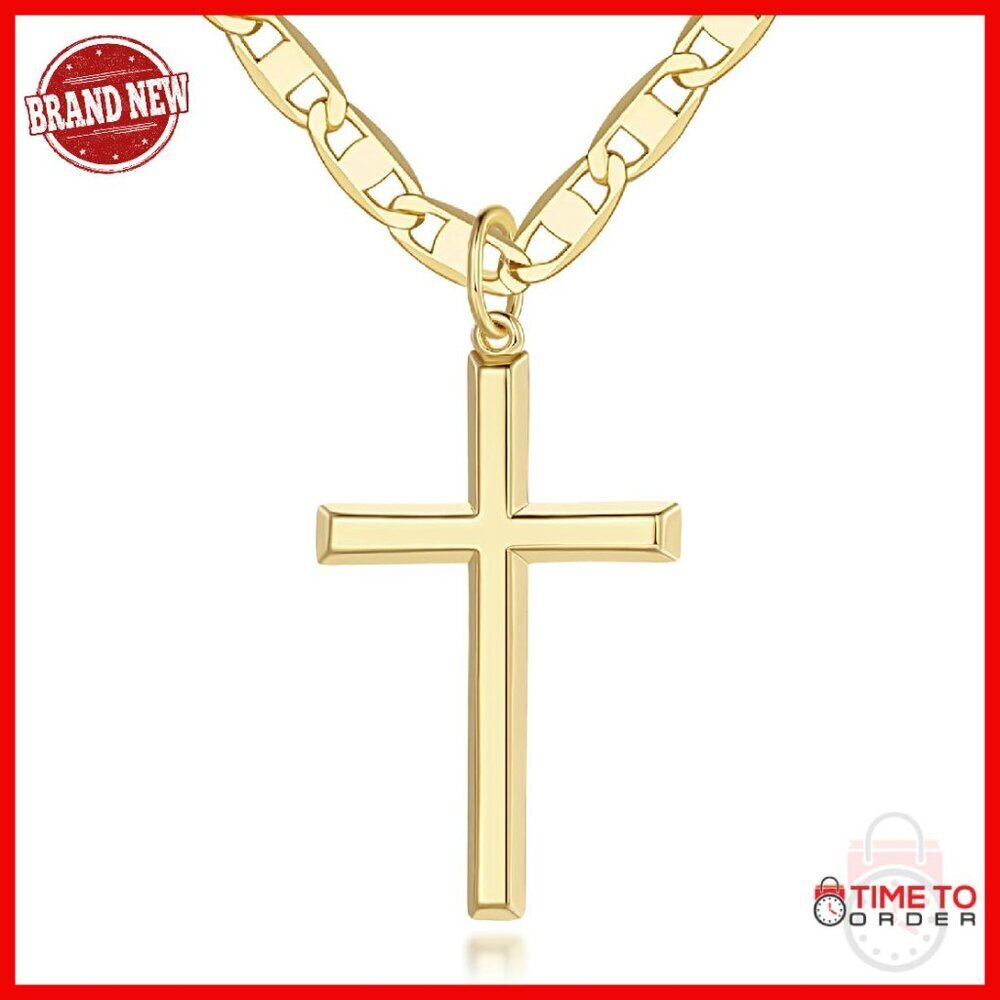 14K Gold Cross Pendant Necklace 19 Inch Figaro Chain Lobster Clasp